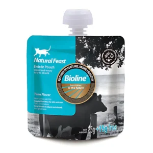 pouch natural feast bioline sabor atún para gatos 85g + 15g